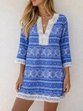 Bella Tu Blue White Beaded Embroidered Cotton Tunic Dress‎ Small Resortwear